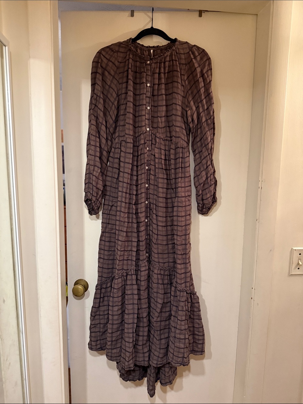 Free People Plaid Tiered Button-Front Maxi Dress in Taupe